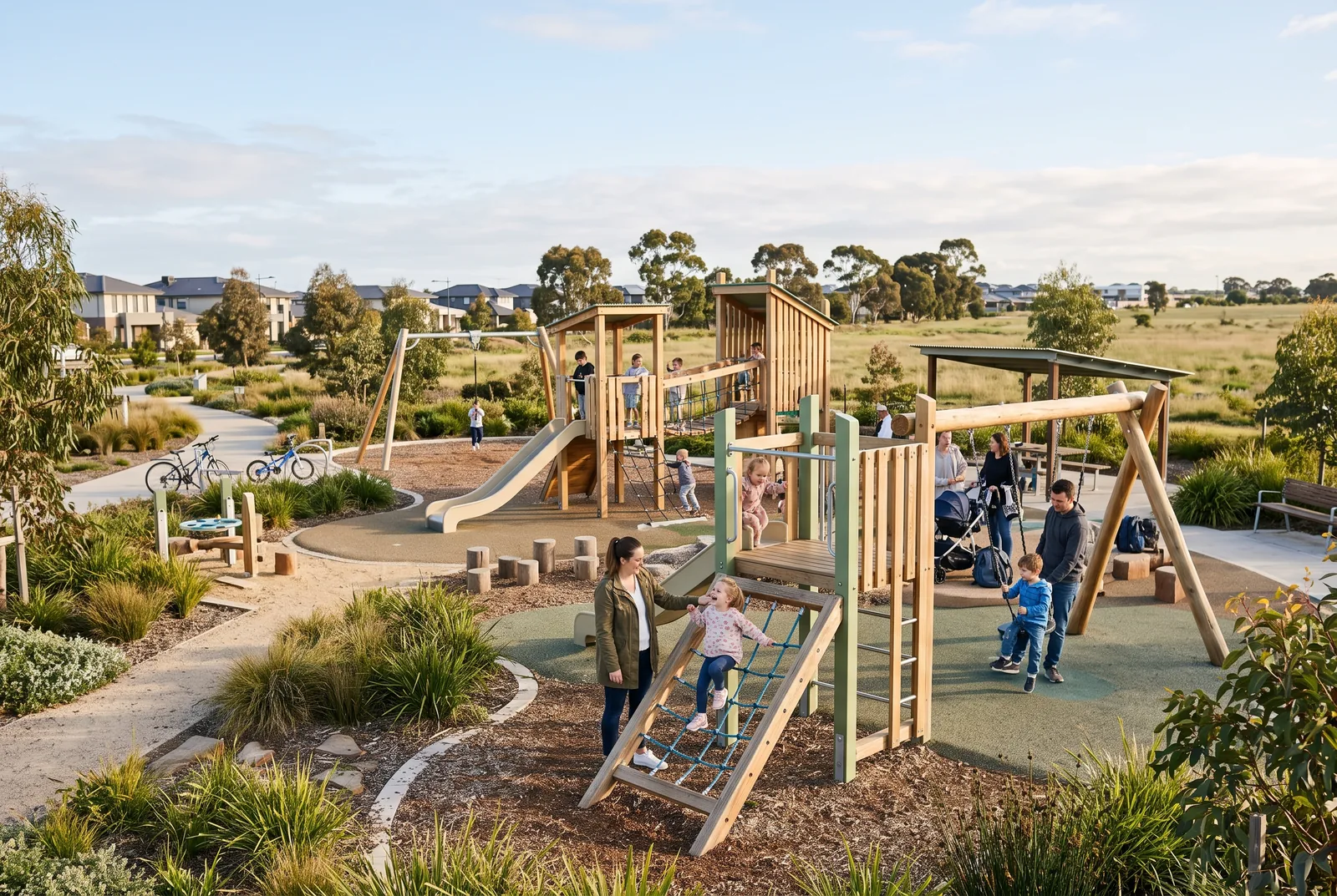 Community playground with families in an open grassed reserve